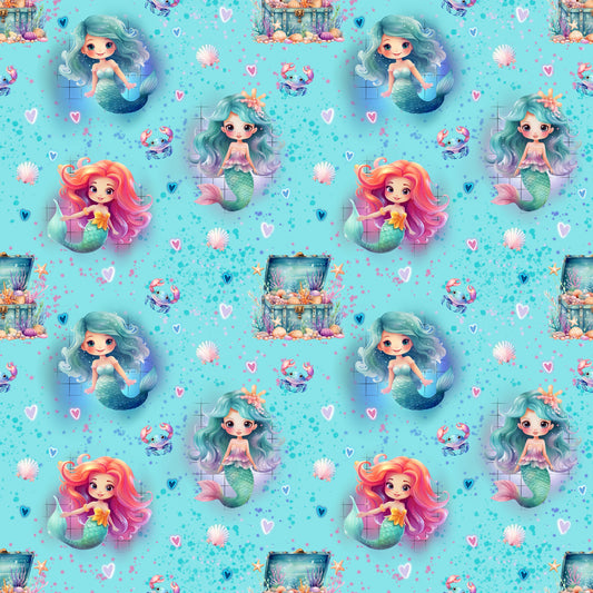 Stoffkachel „Kleine Meerjungfrau“: nahtloses Muster mit Meerjungfrauen, Muscheln, Herzen, Krebsen & Schatztruhe auf aquablauem Grund mit Farbsprenkel; gleichmäßig rapportiert.