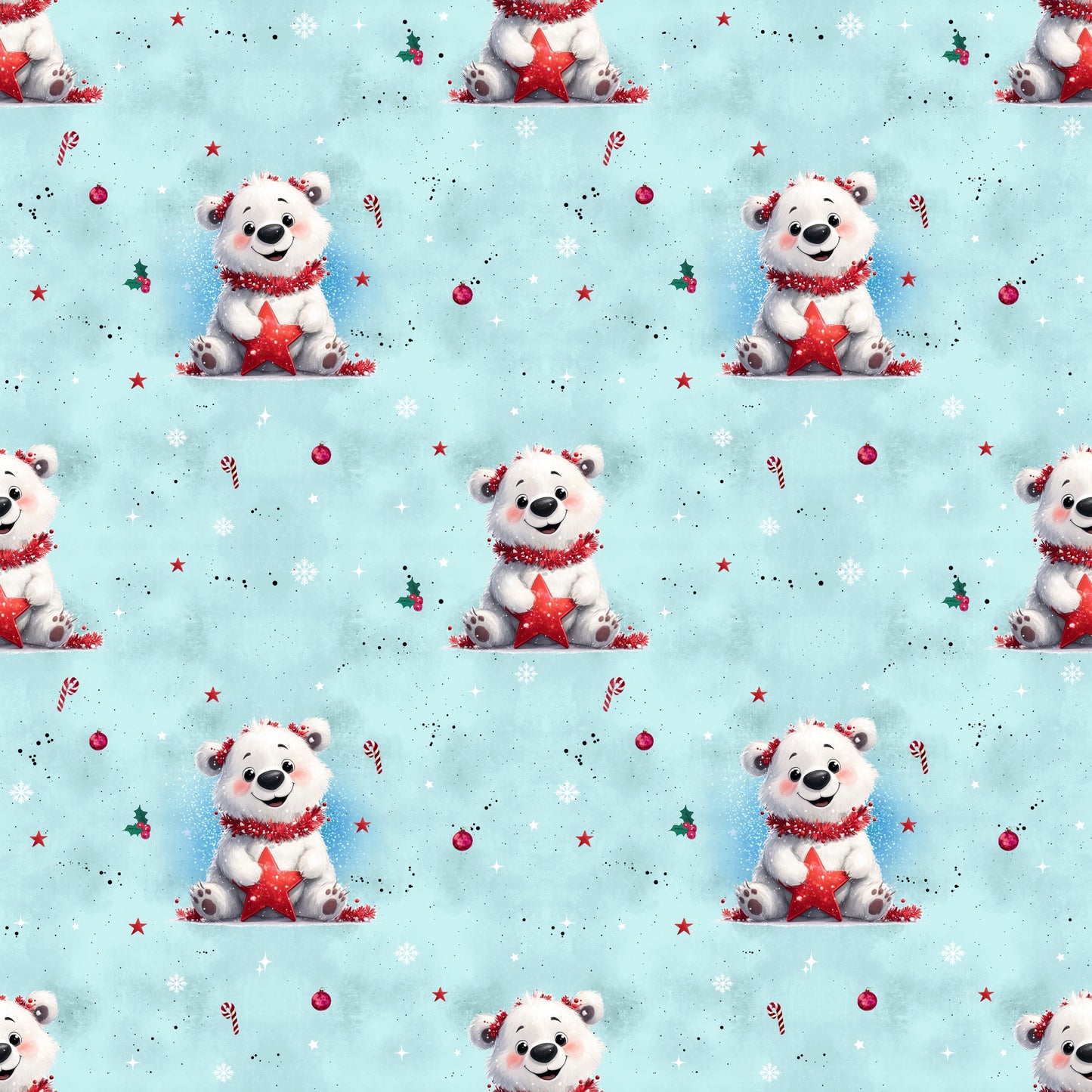 Bedruckter Stoff „Kleiner Eisbär“ blau – fröhlicher Eisbär mit rotem Stern für winterliche DIY-Kinderkleidung