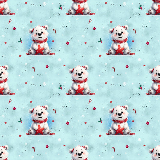 Bedruckter Stoff „Kleiner Eisbär“ blau – fröhlicher Eisbär mit rotem Stern für winterliche DIY-Kinderkleidung