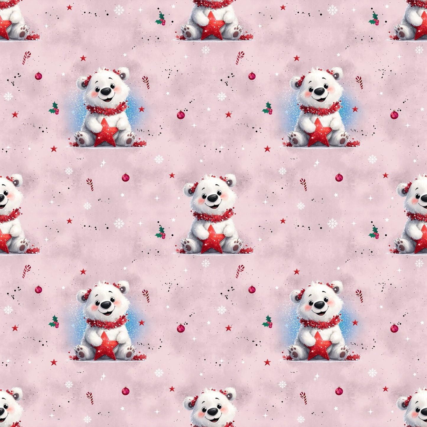 Bedruckter Stoff „Kleiner Eisbär“ rosa – süßer Eisbär mit rotem Stern für winterliche DIY-Kinderkleidung