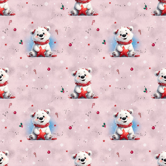 Bedruckter Stoff „Kleiner Eisbär“ rosa – süßer Eisbär mit rotem Stern für winterliche DIY-Kinderkleidung