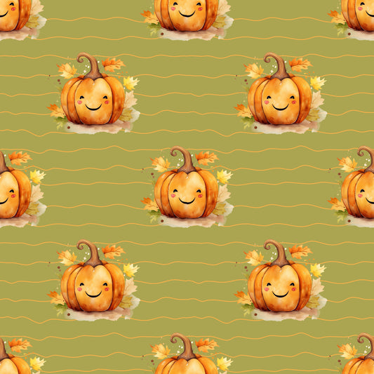 Gemütlicher Stoff „Kleiner Kürbis“ – fröhlicher Kürbis mit Herbstblättern für kreative Nähprojekte.