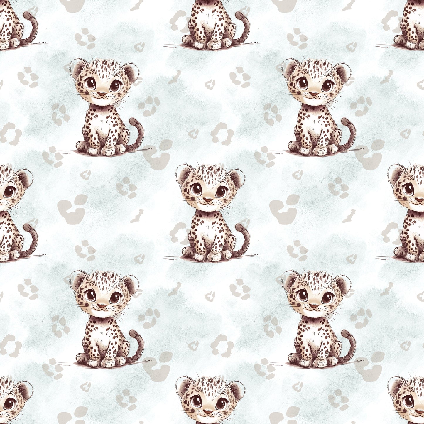 Stoffkachel „Kleiner Leopard“ mit Leoparden-Babys und Pfotenabdrücken in zarten Beige- und Minttönen in Aquarelloptik.