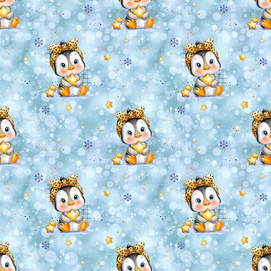 Süßer Stoff „Kleiner Pinguin“ – Pinguin mit Schleife, Schneeflocken und Sternen für kreative Nähideen.