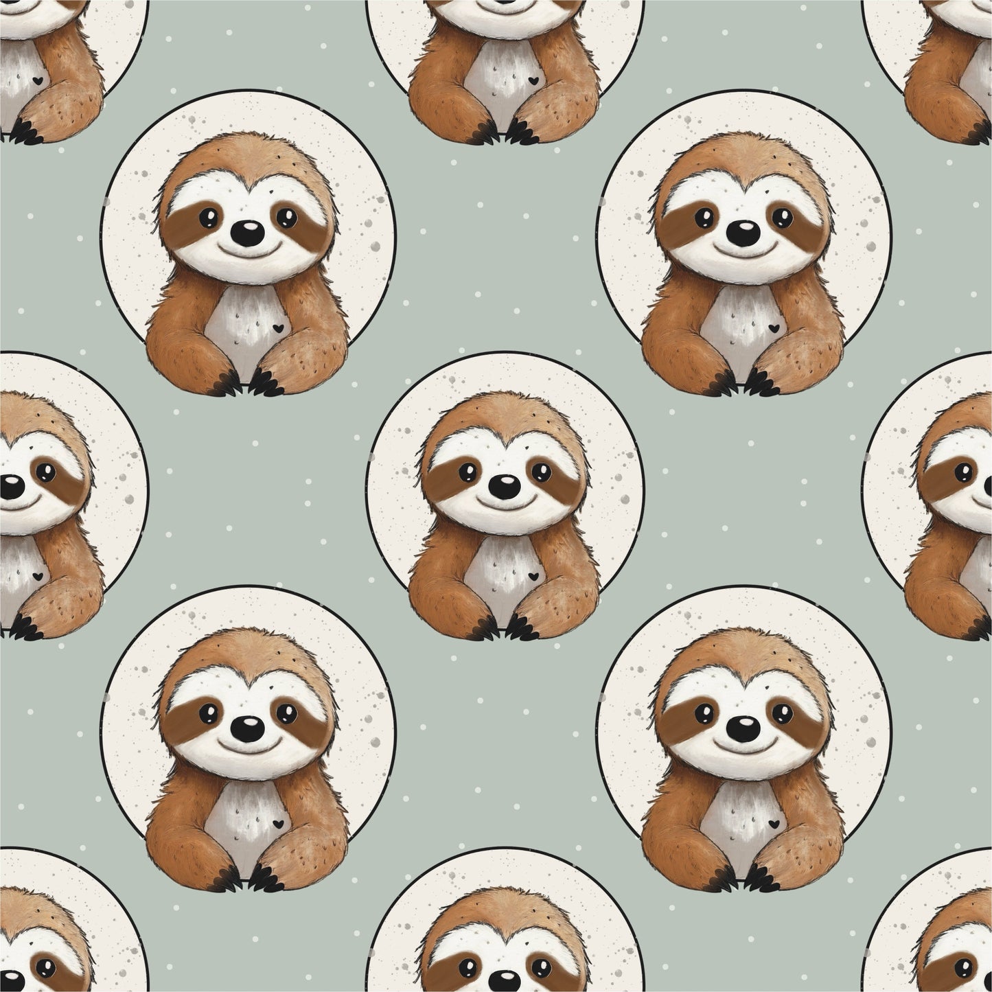 Faultierstoff „Kleines Faultier“ mit ruhigem Faultiermotiv im Kreis und feinen Punkten auf grünem Hintergrund, Kinderstoff Design von Binschens Designs