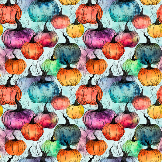 Herbststoff „Kürbisse“ – farbenfrohes Aquarell-Design mit bunten Kürbissen für kreative Näh- und DIY-Projekte.
