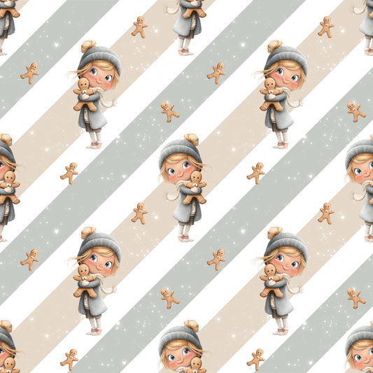Verspieltes Stoffmotiv „Lebkuchenmädchen“ mit warmen Winterfarben und süßen Lebkuchenfiguren.