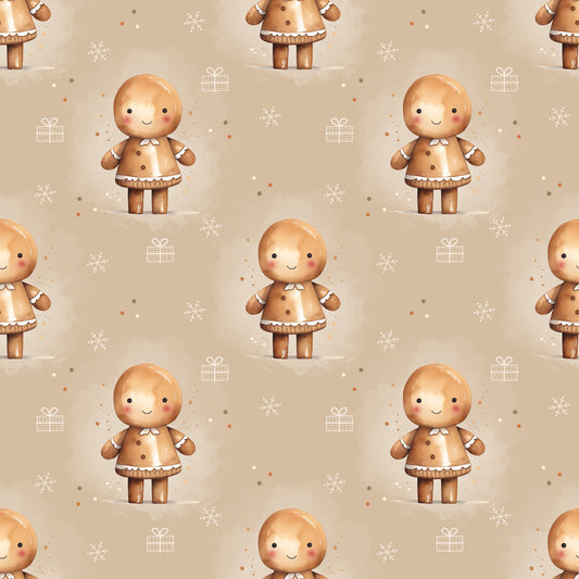 Festlicher Stoff „Lebkuchenmann“ mit Lebkuchenfigur und winterlichen Motiven für kreative DIY- und Nähideen.