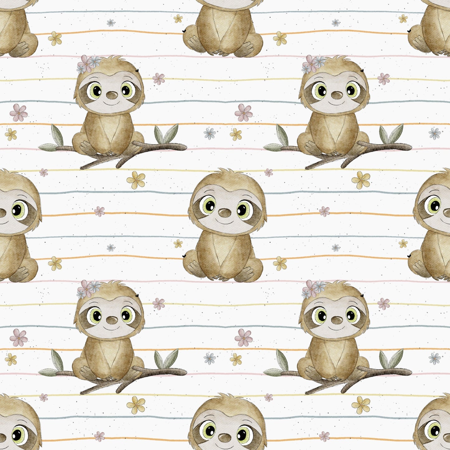 Leni Lazy Allover-Muster mit süßem Faultier auf Ästen, kleinen Blumen und zarten Pastellstreifen auf hellem Hintergrund für Baby- und Kinderkleidung