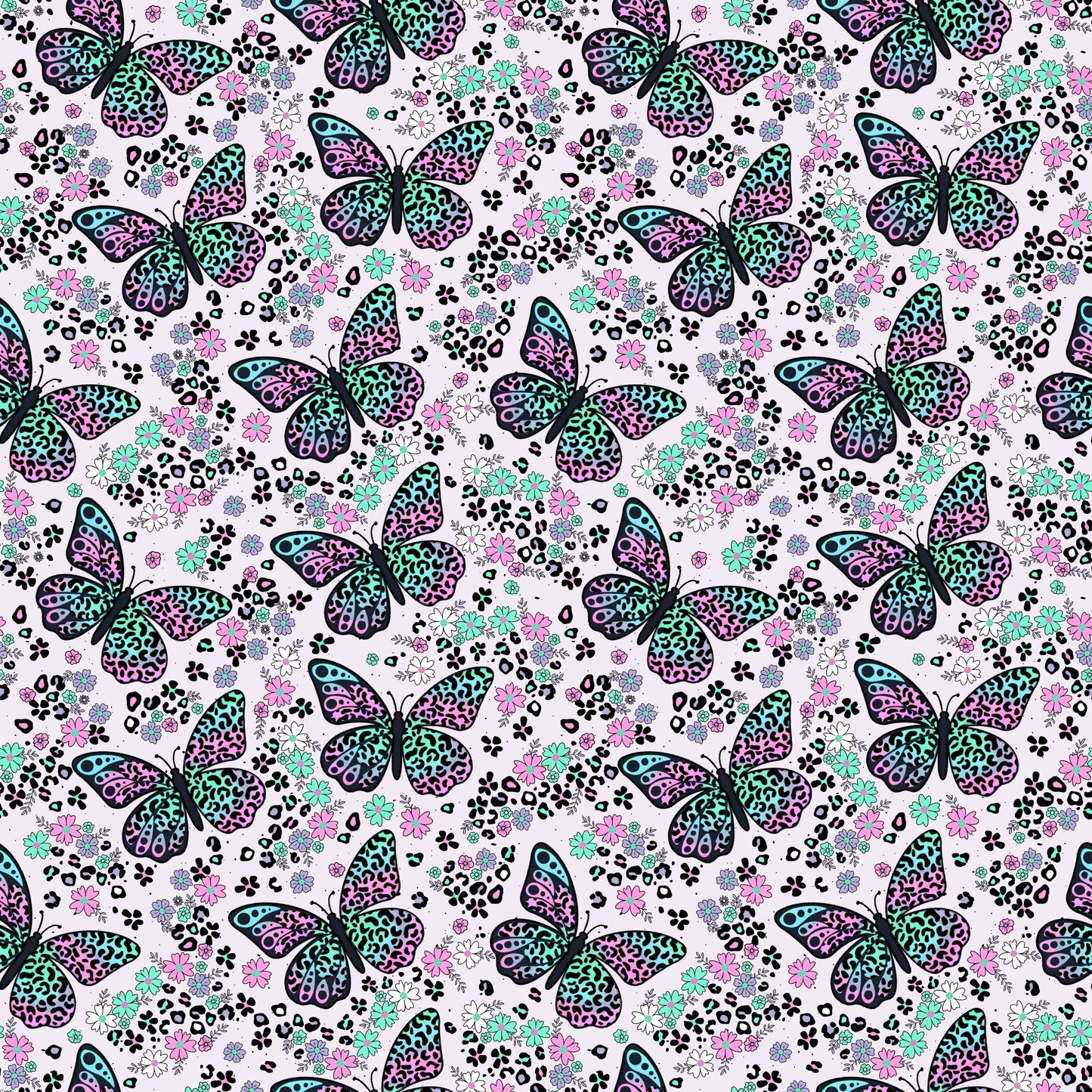 Leo Butterfly Muster mit bunten Schmetterlingen, Blumen und Leo-Elementen von Katzengold-Designs.