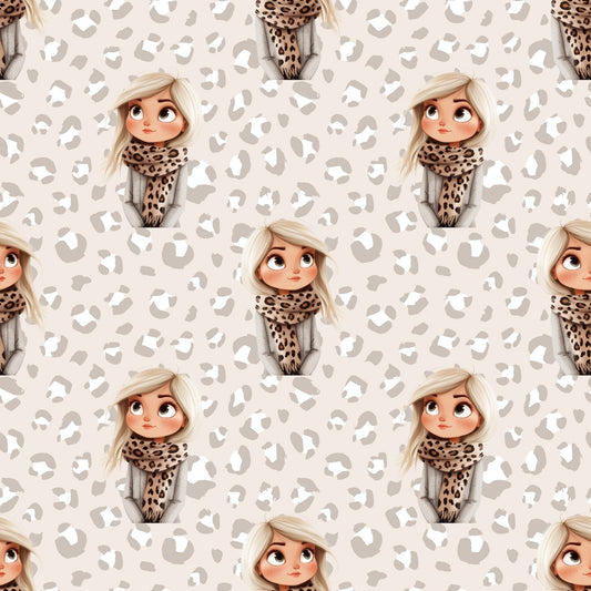 Nahtloses Muster „Leo Girl“ – illustratives Mädchenmotiv auf Leo-Print in Beige/Greige – Kinderstoff (Jersey/French Terry)