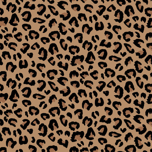 Stoffkachel „Leo“: nahtloses Leopard-Allover in Camel/Schwarz mit gleichmäßiger, richtungsunabhängiger Wiederholung.