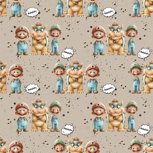 Stoffkachel „Level-Up Buddies“: nahtloses Muster mit zwei kleinen Abenteurern und einem freundlichen Drachen auf sandfarbenem Sprenkel-Hintergrund; quadratische Vorschau für die Shop-Übersicht.