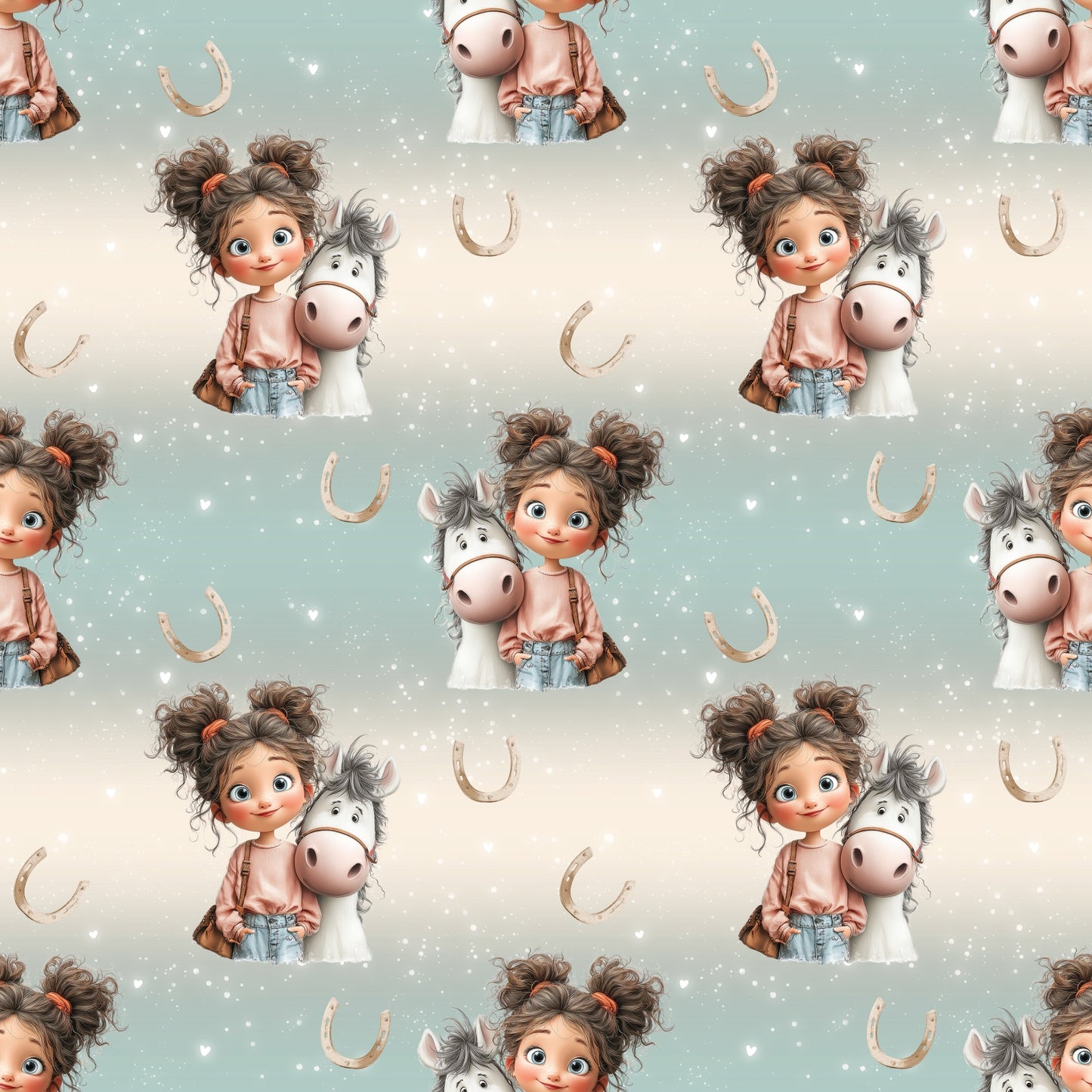 Nahtloses Kinderstoff Design mit süßem Mädchen und Pferd vor sanftem Beige-Mint Hintergrund mit kleinen Hufeisen