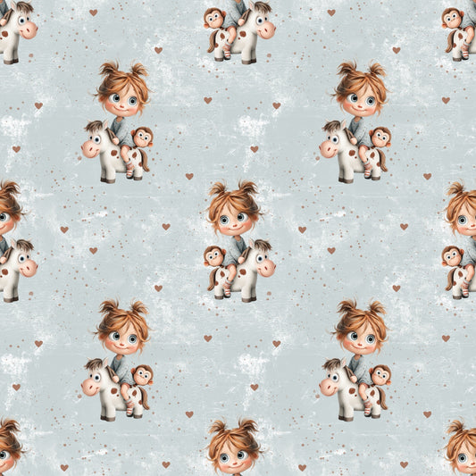 Nahtloses Muster „Lotta & die Ponycrew“ auf Ripp-Jersey – Trio mit Herzchen & Sprenkeln für Baby- & Kinderkleidung