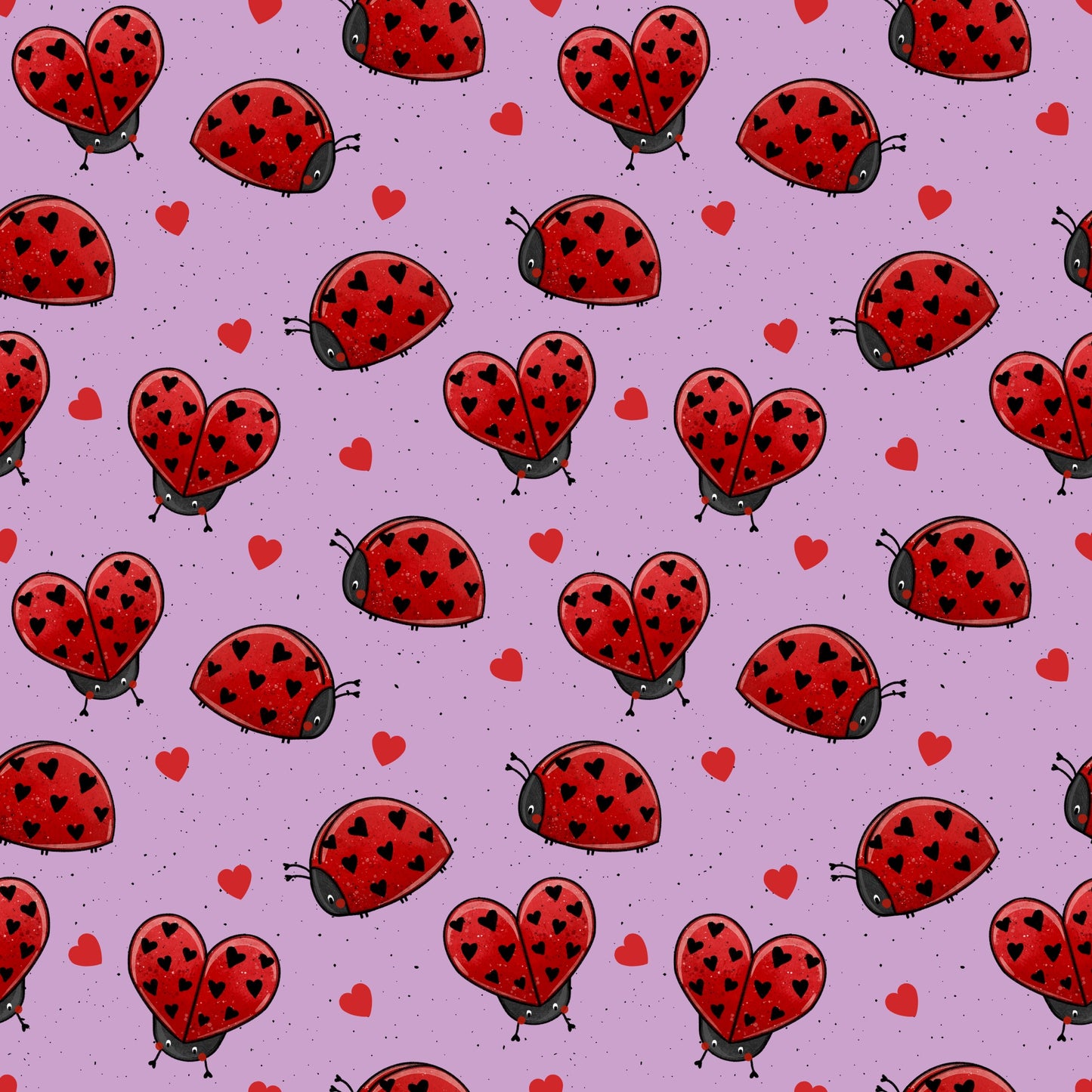 Love Bug Muster mit Marienkäfern und Herzchen von Katzengold-Designs auf rosé-lilafarbenem Hintergrund.