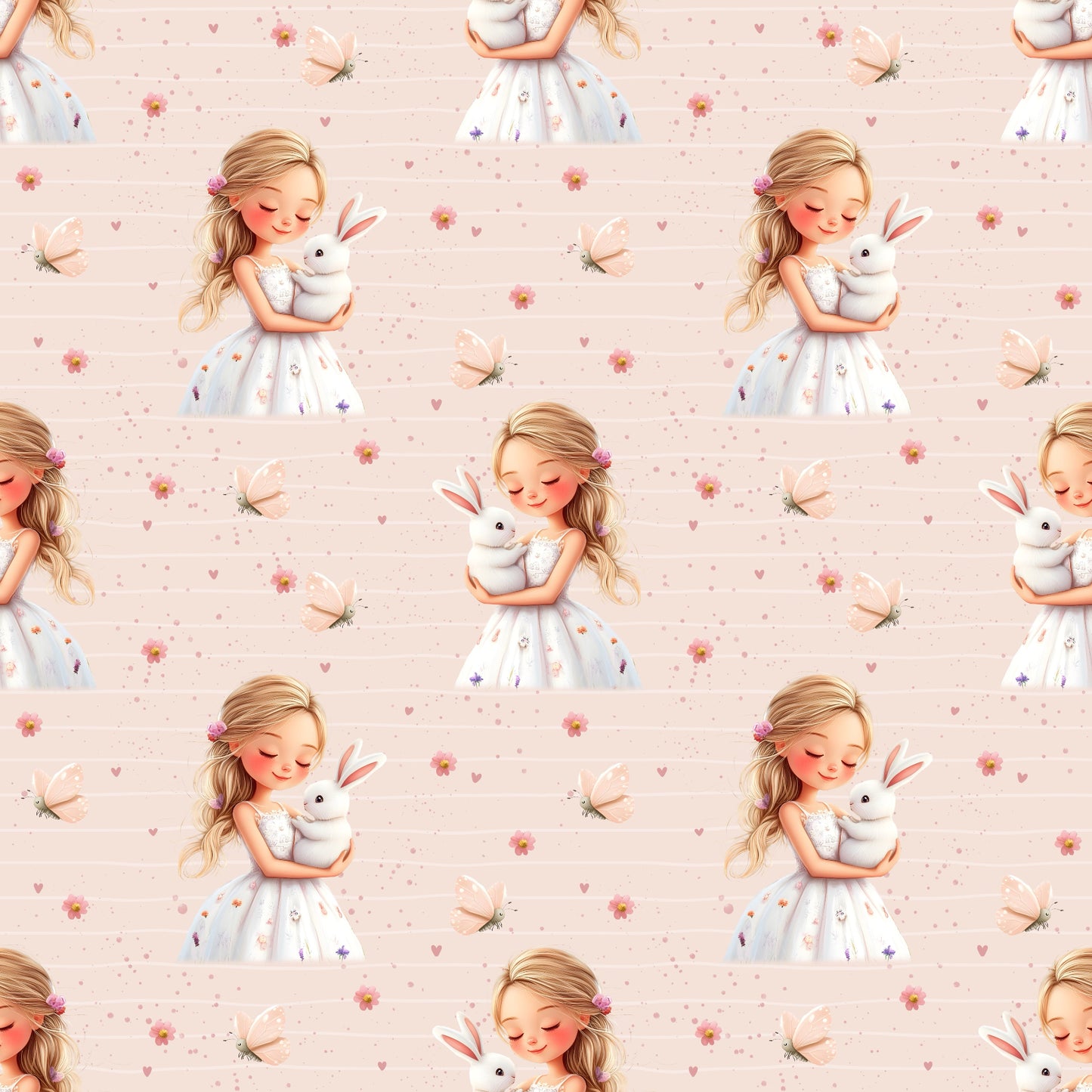 Nahtloses Muster „Mädchen mit Hase“ auf Ripp-Jersey – florale Pastellmotive & Schmetterlinge für Baby- & Kinderkleidung