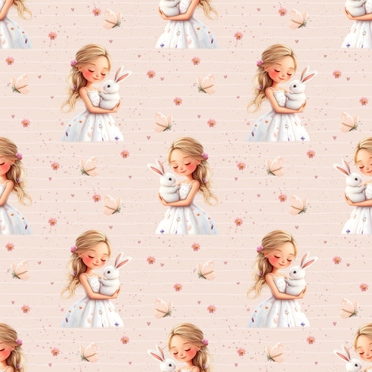 Nahtloses Muster „Mädchen mit Hase“ auf Ripp-Jersey – florale Pastellmotive & Schmetterlinge für Baby- & Kinderkleidung