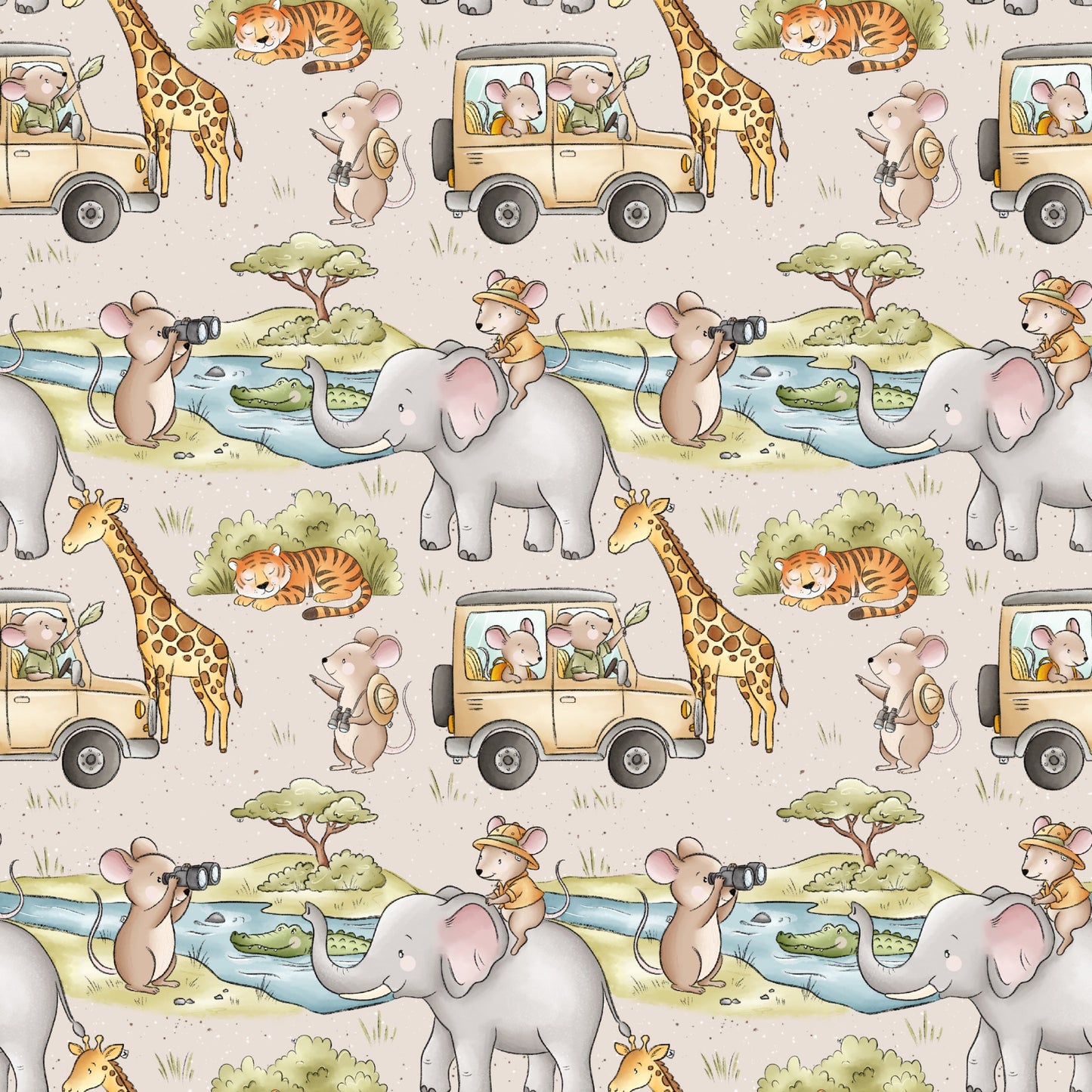 Allover-Muster mit Safari-Mäusen, Elefanten, Giraffen, Tigern, Krokodil und Safari-Jeep in natürlichen Beige- und Grüntönen