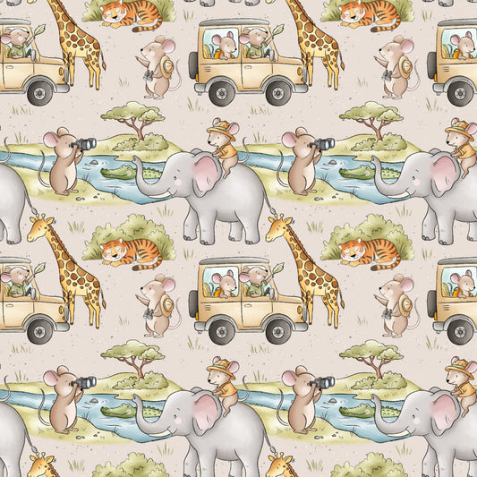 Allover-Muster mit Safari-MĂ€usen, Elefanten, Giraffen, Tigern, Krokodil und Safari-Jeep in natĂŒrlichen Beige- und GrĂŒntönen