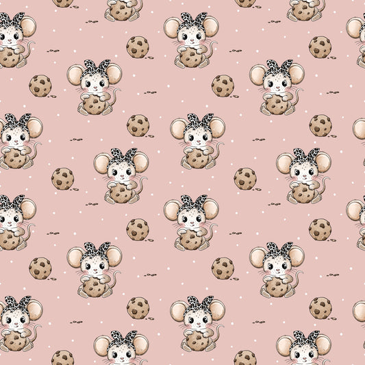 nahtloses rosa Stoffmuster mit niedlichen kleinen Mäusen mit Schleife und Keks, verspielter Kinderstoff mit Pünktchen