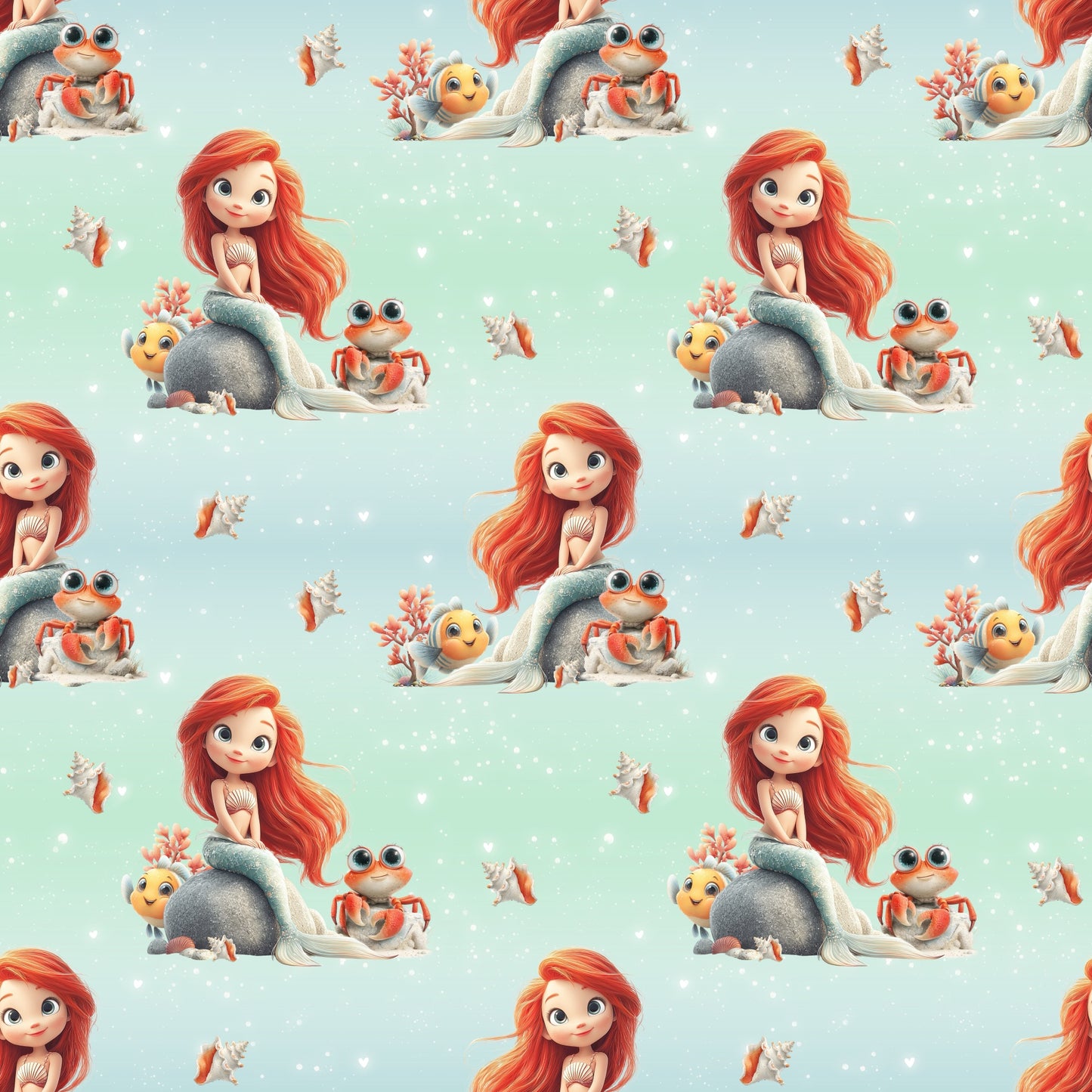Nahtlos wiederholendes Muster „Meereszauber“ – Meerjungfrau mit roten Haaren, Meeresfreunden und Muscheldetails in zarten Aqua- und Korallentönen