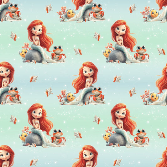 Nahtlos wiederholendes Muster „Meereszauber“ – Meerjungfrau mit roten Haaren, Meeresfreunden und Muscheldetails in zarten Aqua- und Korallentönen