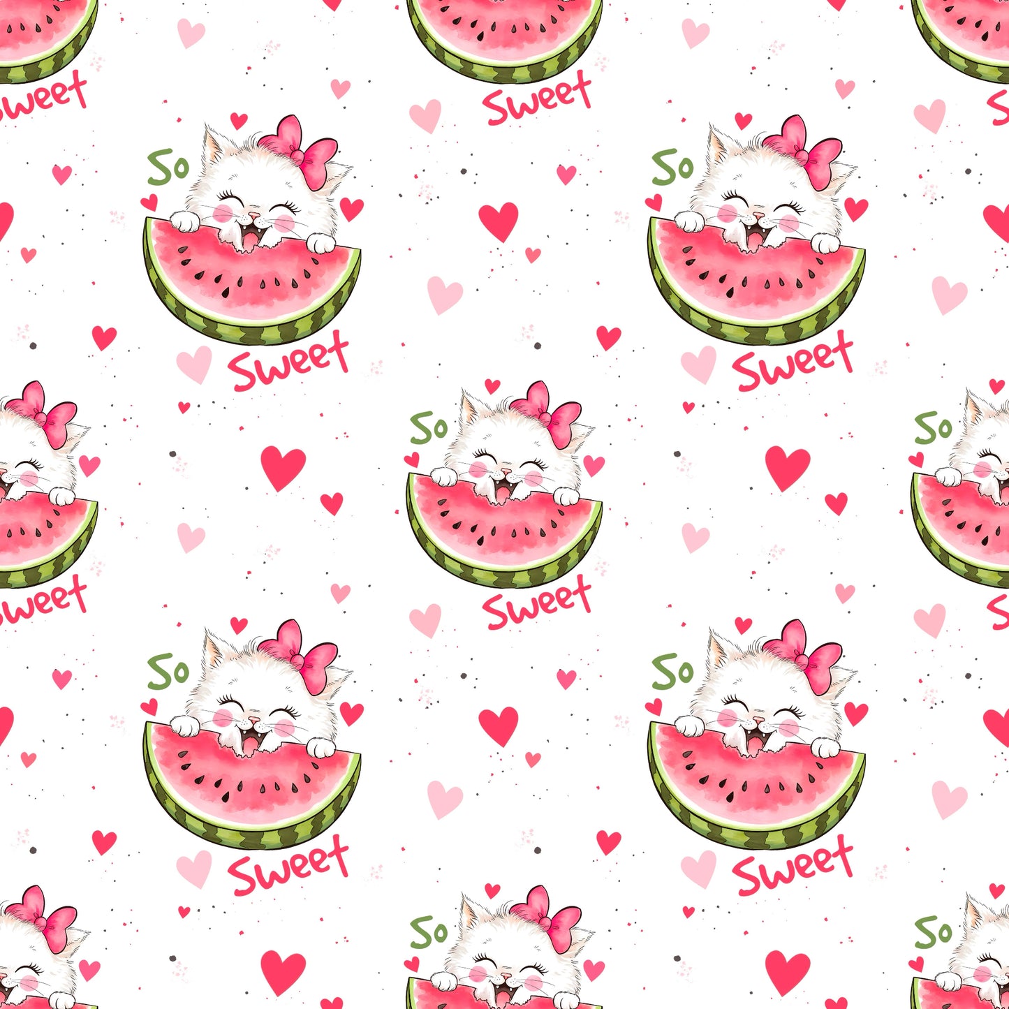 Nahtloses Stoffmuster mit dem Design "Melonenkatze" mit süßem Katzenmotiv und Herzen.