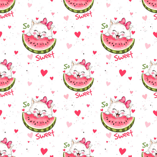 Nahtloses Stoffmuster mit dem Design "Melonenkatze" mit süßem Katzenmotiv und Herzen.