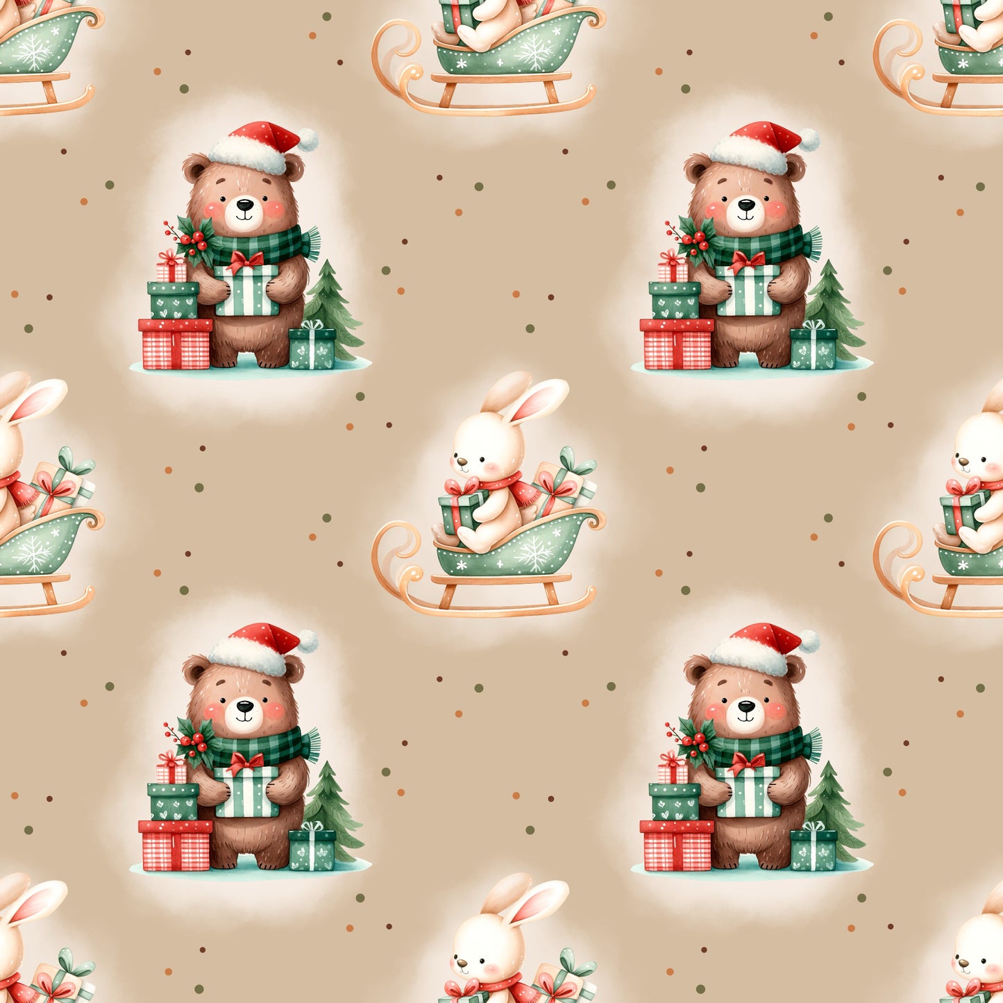 Festlicher Stoff „Merry Christmas“ mit niedlichen Weihnachtsmotiven – Bären, Hase, Geschenke und Tannenbaum für kreative Nähideen.