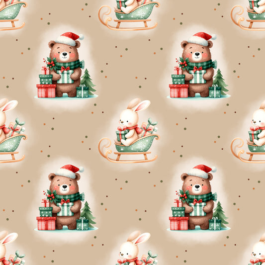 Festlicher Stoff „Merry Christmas“ mit niedlichen Weihnachtsmotiven – Bären, Hase, Geschenke und Tannenbaum für kreative Nähideen.