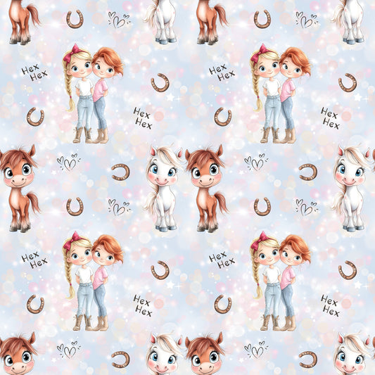 Nahtloses Muster „Mimi & Mina“ auf Ripp-Jersey – Ponys, Herzen & Hufeisen in sanften Pastelltönen für Kinderkleidung