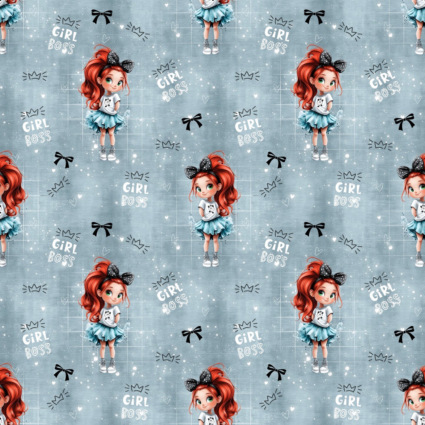 Nahtlose Mini Boss Girl Stoffkachel mit süßem Girl-Boss-Motiv, kleinen Schleifen, Scribbles und hellem Glitzerpunkt-Effekt auf blau-grauem Hintergrund