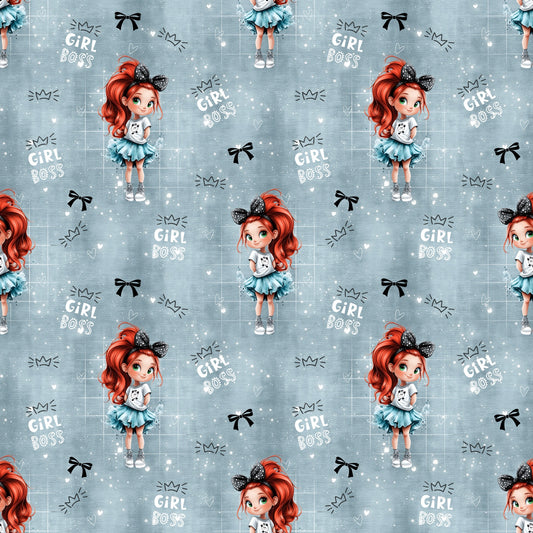 Nahtlose Mini Boss Girl Stoffkachel mit sĂŒĂem Girl-Boss-Motiv, kleinen Schleifen, Scribbles und hellem Glitzerpunkt-Effekt auf blau-grauem Hintergrund