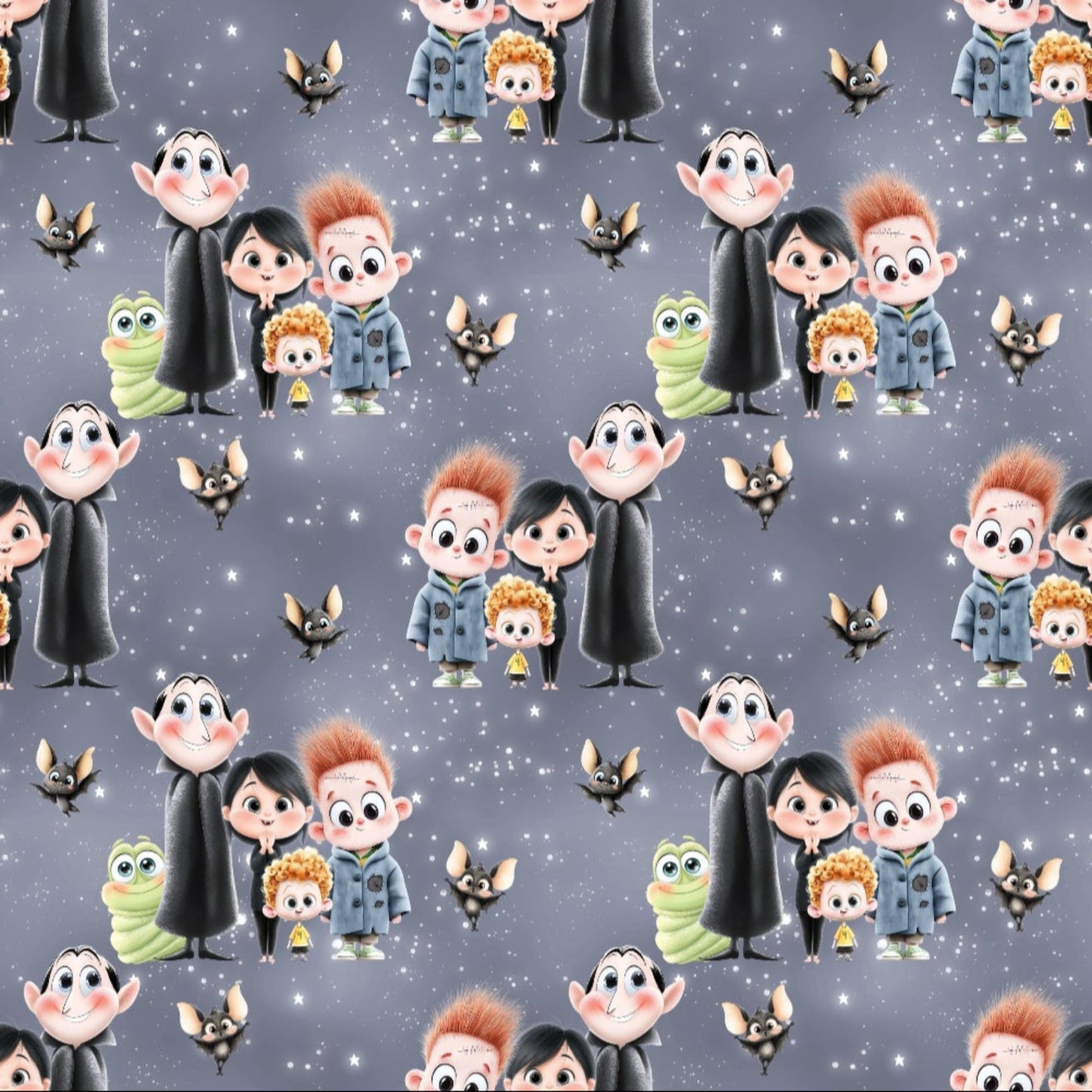 Nahtloses Stoffdesign „Monsterbande mit Herz“ mit Monsterprint.