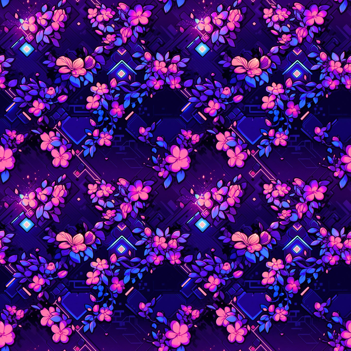 Neon Blossom Stoffdesign mit leuchtenden Blüten und geometrischen Elementen in Pink, Violett und Blau auf dunklem Hintergrund
