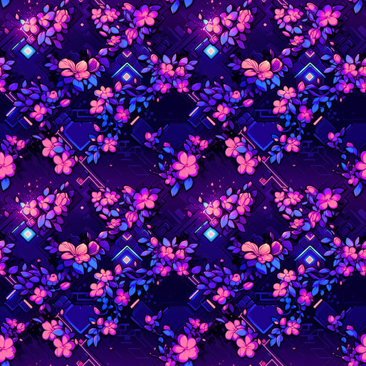 Neon Blossom Stoffdesign mit leuchtenden Blüten und geometrischen Elementen in Pink, Violett und Blau auf dunklem Hintergrund