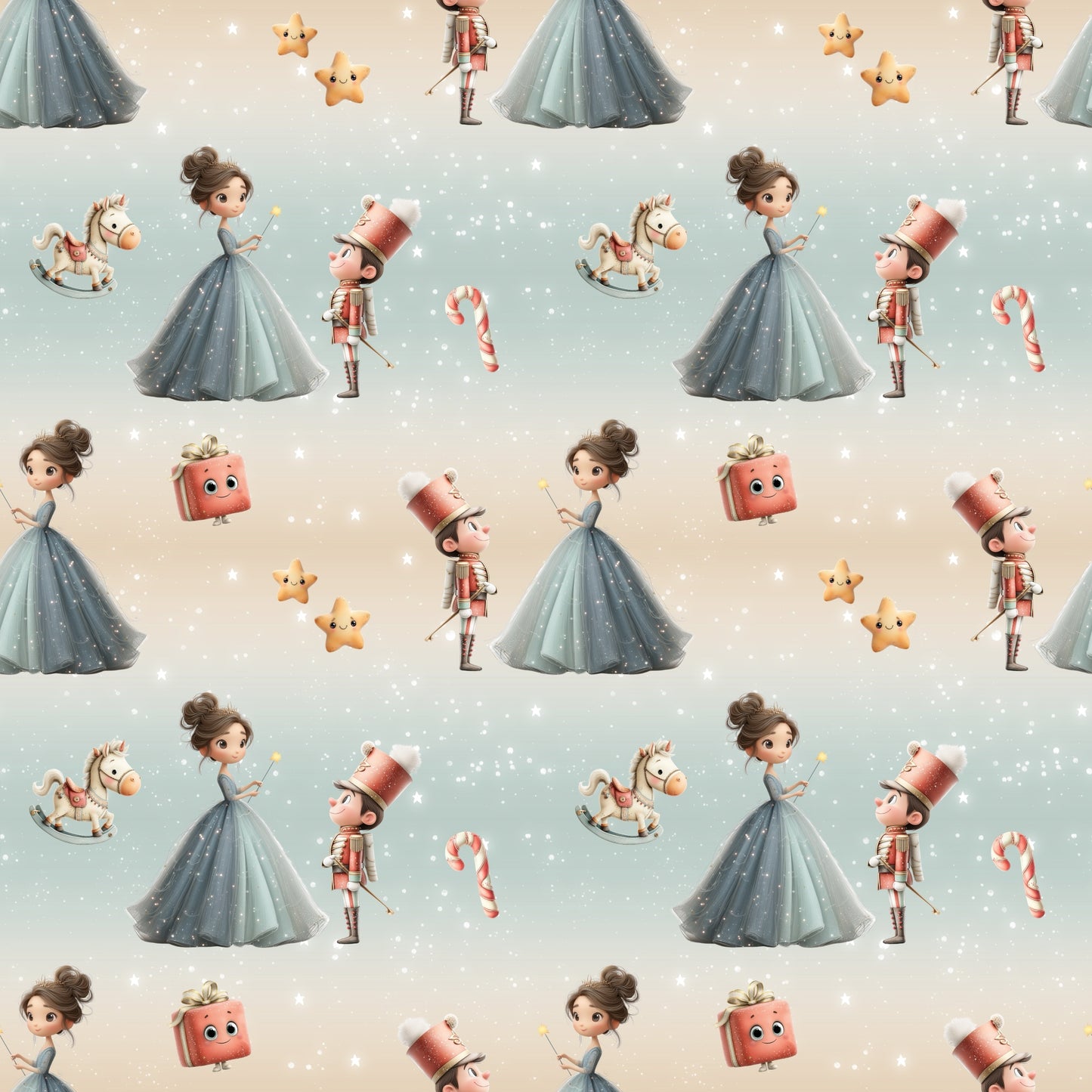 Nahtlos wiederholendes Muster „Nussknacker“ – Figuren aus dem Weihnachtsklassiker mit Tänzerinnen, Nussknackern, Sternen und Geschenken in sanften Pastelltönen