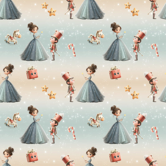 Nahtlos wiederholendes Muster „Nussknacker“ – Figuren aus dem Weihnachtsklassiker mit Tänzerinnen, Nussknackern, Sternen und Geschenken in sanften Pastelltönen