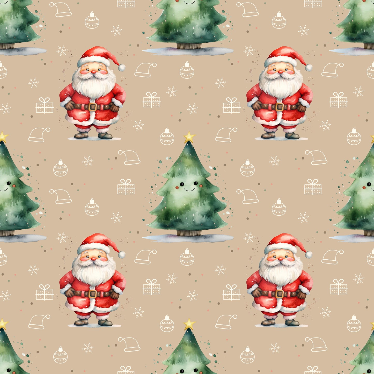Festlicher Baumwollstoff „Oh Tannenbaum“ mit Santa Claus, Weihnachtsbaum und winterlichen Motiven für kreative Nähprojekte.