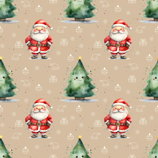 Festlicher Baumwollstoff „Oh Tannenbaum“ mit Santa Claus, Weihnachtsbaum und winterlichen Motiven für kreative Nähprojekte.