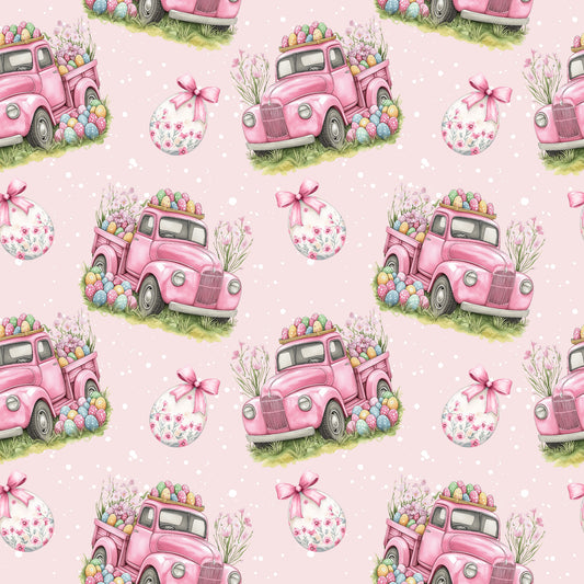 Osterfahrt Rosé Stoffmuster mit Oster-Truck, Ostereiern und Blumen auf zartem Rosé