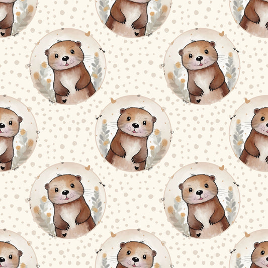 Nahtloses Muster mit sĂŒĂen Ottern, kleinen BlĂ€ttern und Herzdetails in Naturtönen