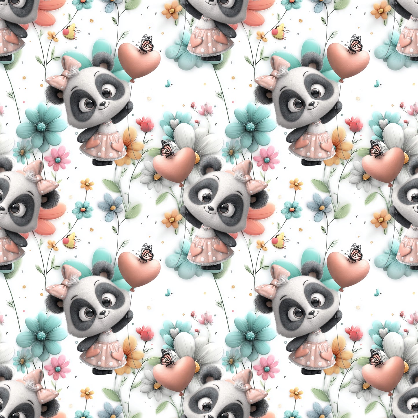 Nahtloses Muster mit süßen Pandas, floralen Details, Schmetterlingen und Herzmotiven in Rosé und Mint