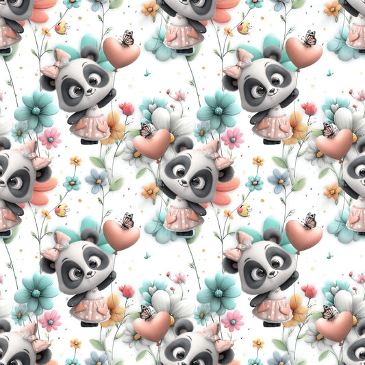 Nahtloses Muster mit süßen Pandas, floralen Details, Schmetterlingen und Herzmotiven in Rosé und Mint