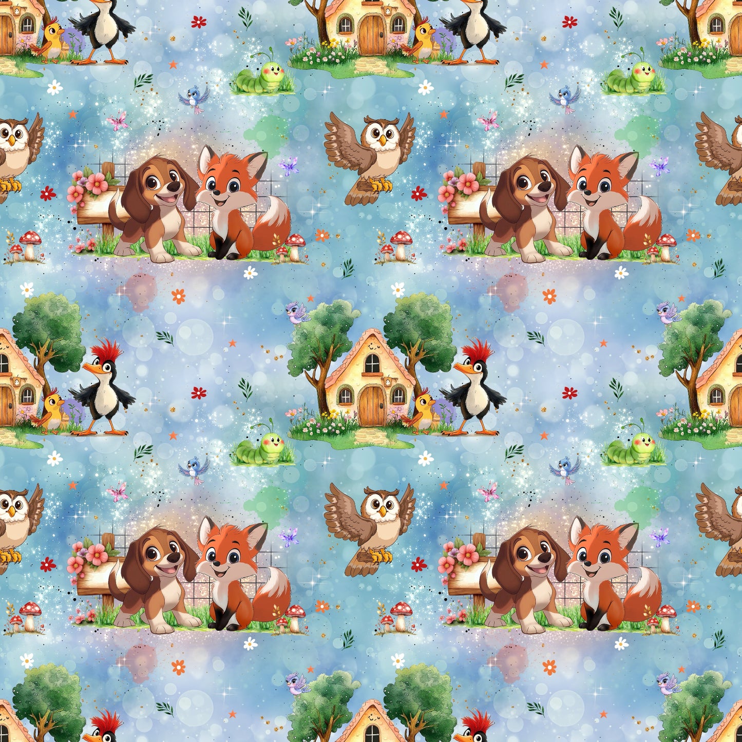 Nahtloses Stoffmuster mit dem Design „Pfotenfreunde“ mit Waldbewohnern und Märchenhaus.