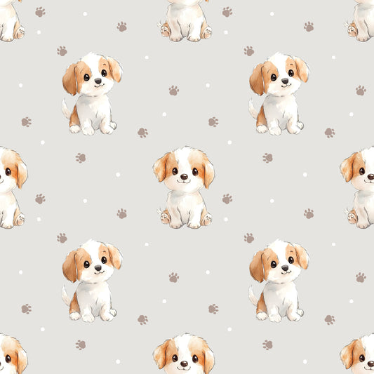 Stoffkachel „Pfotenzauber“: nahtloses Muster mit wiederholten Welpenmotiven, kleinen Pfotenabdrücken und Punkten auf hellgrauem Hintergrund; gleichmäßig rapportiert.