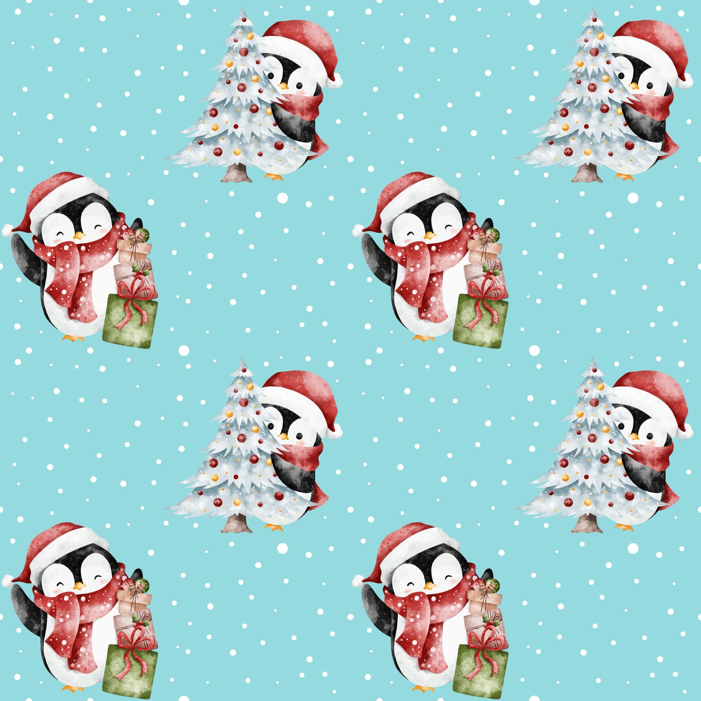 Festlicher Stoff „Süße Pinguine“ – fröhliche Pinguine im Schnee mit Weihnachtsbaum und Geschenken für kreative Nähideen.