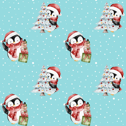 Festlicher Stoff „Süße Pinguine“ – fröhliche Pinguine im Schnee mit Weihnachtsbaum und Geschenken für kreative Nähideen.
