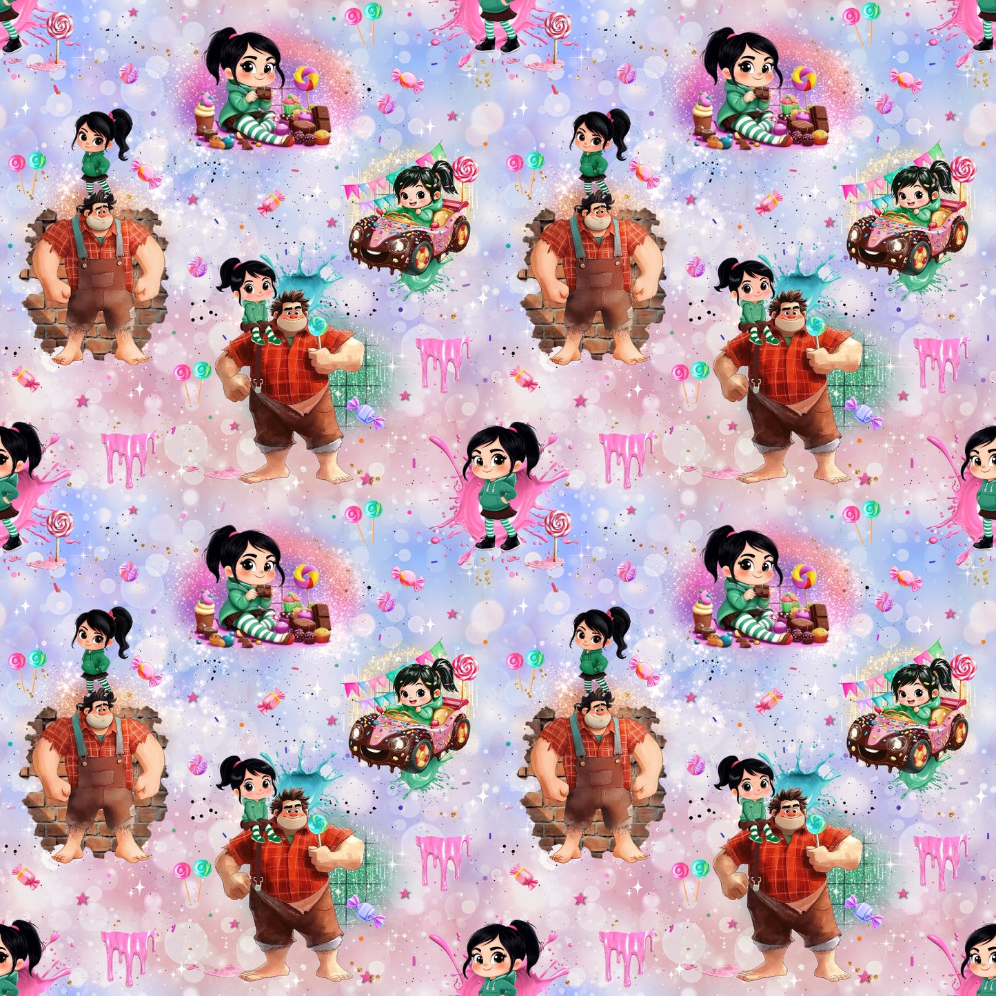 Nahtloses Stoffdesign „Pixelabenteuer – Zuckerwelt & Arcade-Freunde“ mit Retro-Gaming-Motiven.